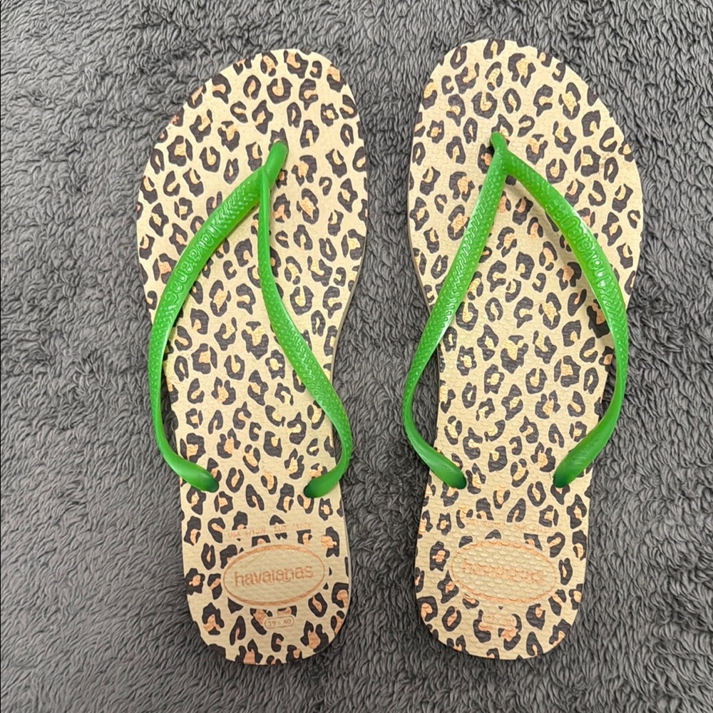 Havaianas Leopard Print Flip Flops with Green Straps